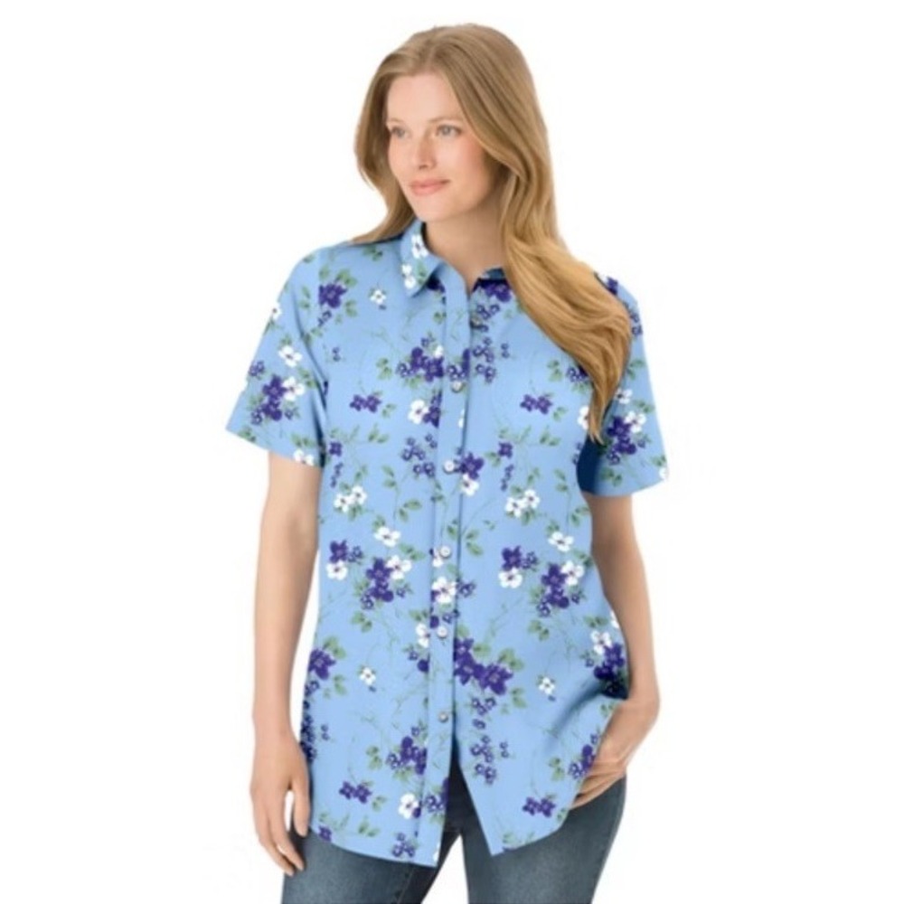 Woman Within Womens 4X Blue White Floral Cotton Button Up Tunic Shirt 30-1351-3